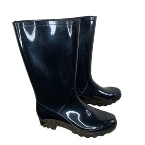 Black Rain Boots Shiny Cleats Womens Size 7 Pull On Style Time And True